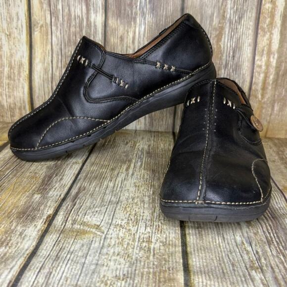 Clarks Unstructured Black Comfort Loafer Clog Hippie Moccasins Womens Sz 8.5 - Picture 1 of 8